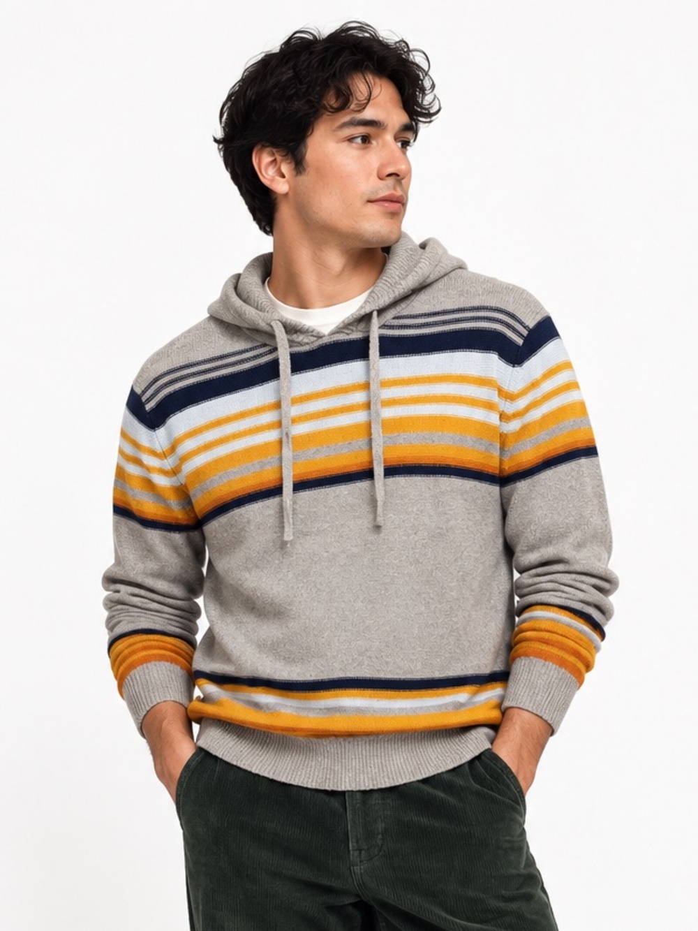 Sun + Stone Mens M Retro Striped Cotton Hooded Sweater